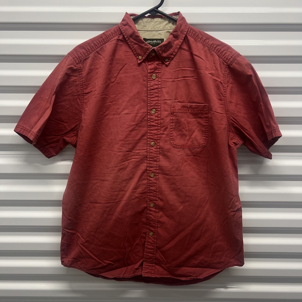 Eddie Bauer Size Large Mens Red Short Sleeve Cotton Button Down Shirt Pocket — photo 2